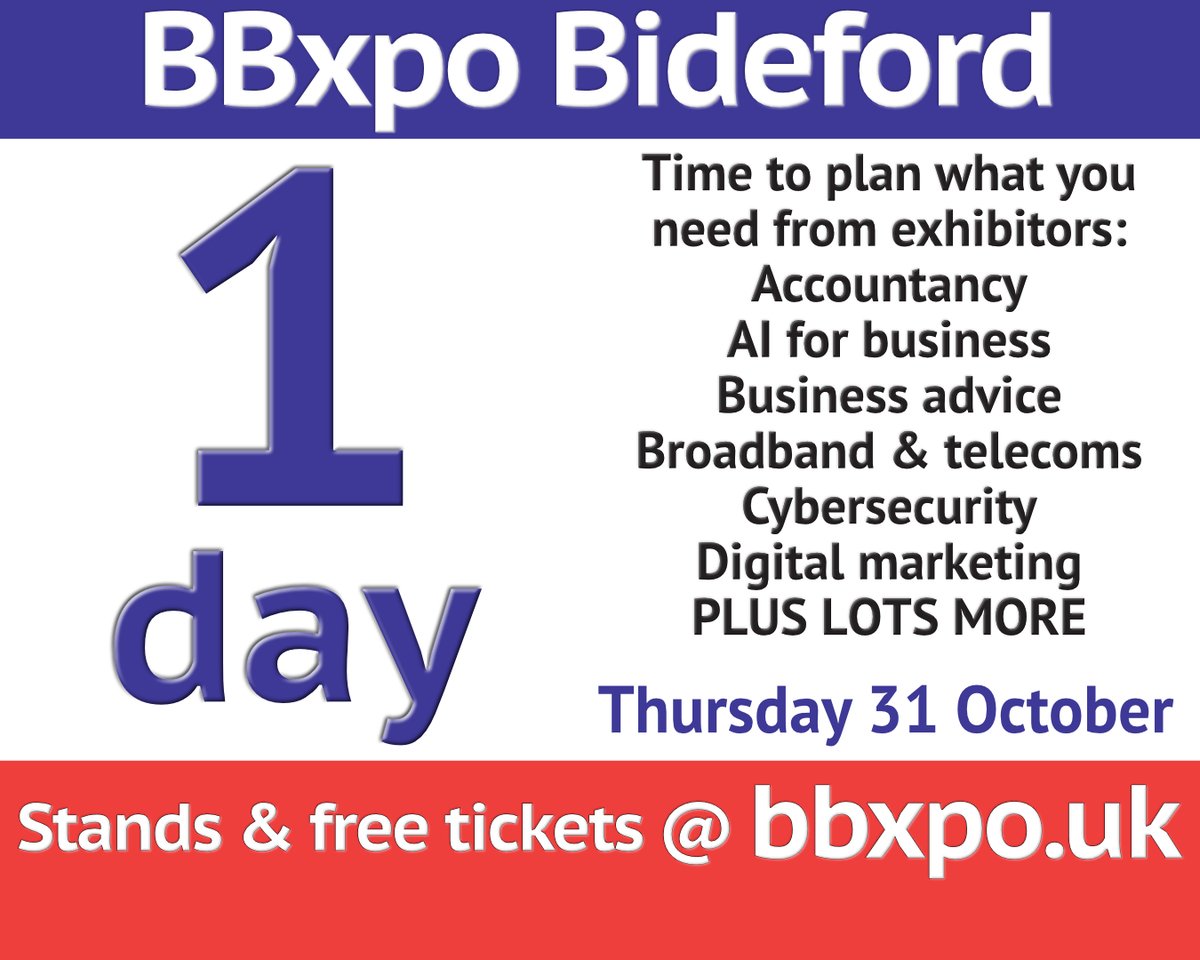 BBxpo's tweet photo. Thursday 31 October 2024 – look forward to:

10.00 – Open
10.30 – Next-Gen Marketing: AI tools
11.00 – Defending Cyber Risks
11.30 – Building your business in a tough climate
13.00 – Free hog roast served
15.00 – Close

https://t.co/8uAYzqJMOp

#ndevon #northdevon #bbxpo https://t.co/stGqUfDNbF