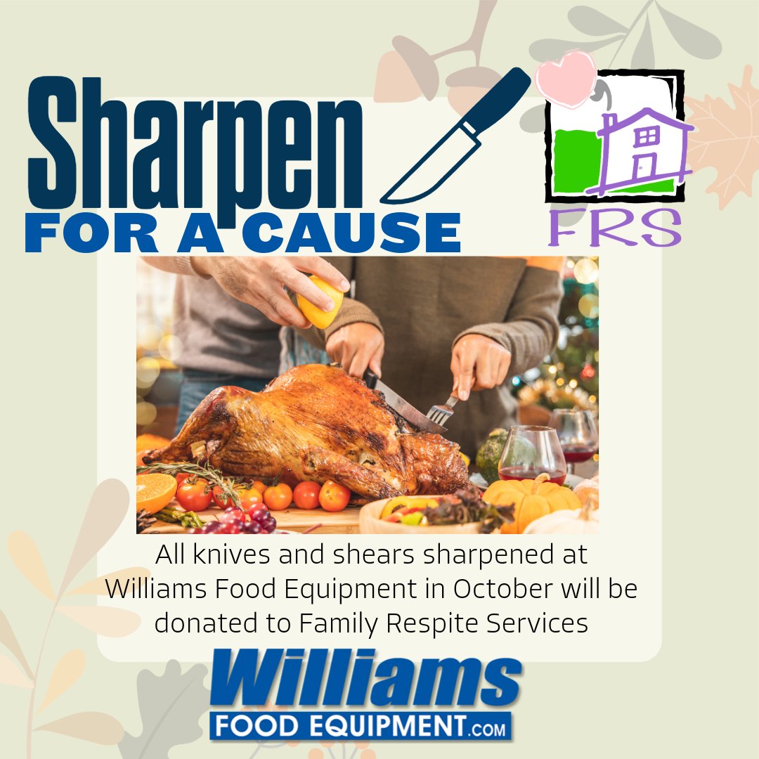 Prep for the holidays with a purpose! 🍴
All October, <a href="/williamsfoodeq/">Williams Food Equip.</a> is donating the proceeds from knife &amp; shear sharpening to Family Respite Services. Just $2.50/knife &amp; $4.50 for shears. It’s the perfect time to get holiday-ready &amp; help a great cause! #HolidayPrep #GivingBack
