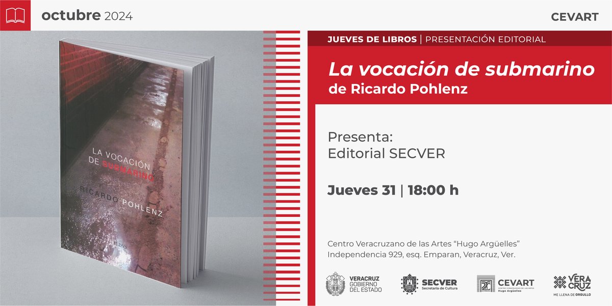 Te invitamos a disfrutar del programa mensual Jueves de libros, esta vez tendremos la presentación editorial del título La vocación de submarino de Ricardo Pohlenz.
Presentan: Blanca Pinedo y Patricia Hernández.
📅 Hoy, jueves 29 de octubre.
⏰ 18:00 horas.
¡Te esperamos!