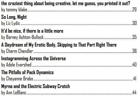 circuslit's tweet photo. As 'Taboo' approaches our final form, keep an eye out on @circuslit for a glimpse into the filthy delights that fill the issue! Take a look at our TOC below! https://t.co/OqQQFIG3Na