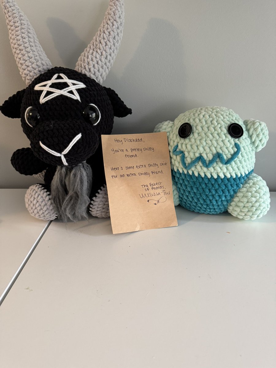 xeekee's tweet image. Order from @suesuelaflare finally came in.  Trauma Goat and Wilby will be great additions to the stream room when done.  Just gotta fight my kids for them. Sentimental personalized note with every order ;) #crochet #starfield