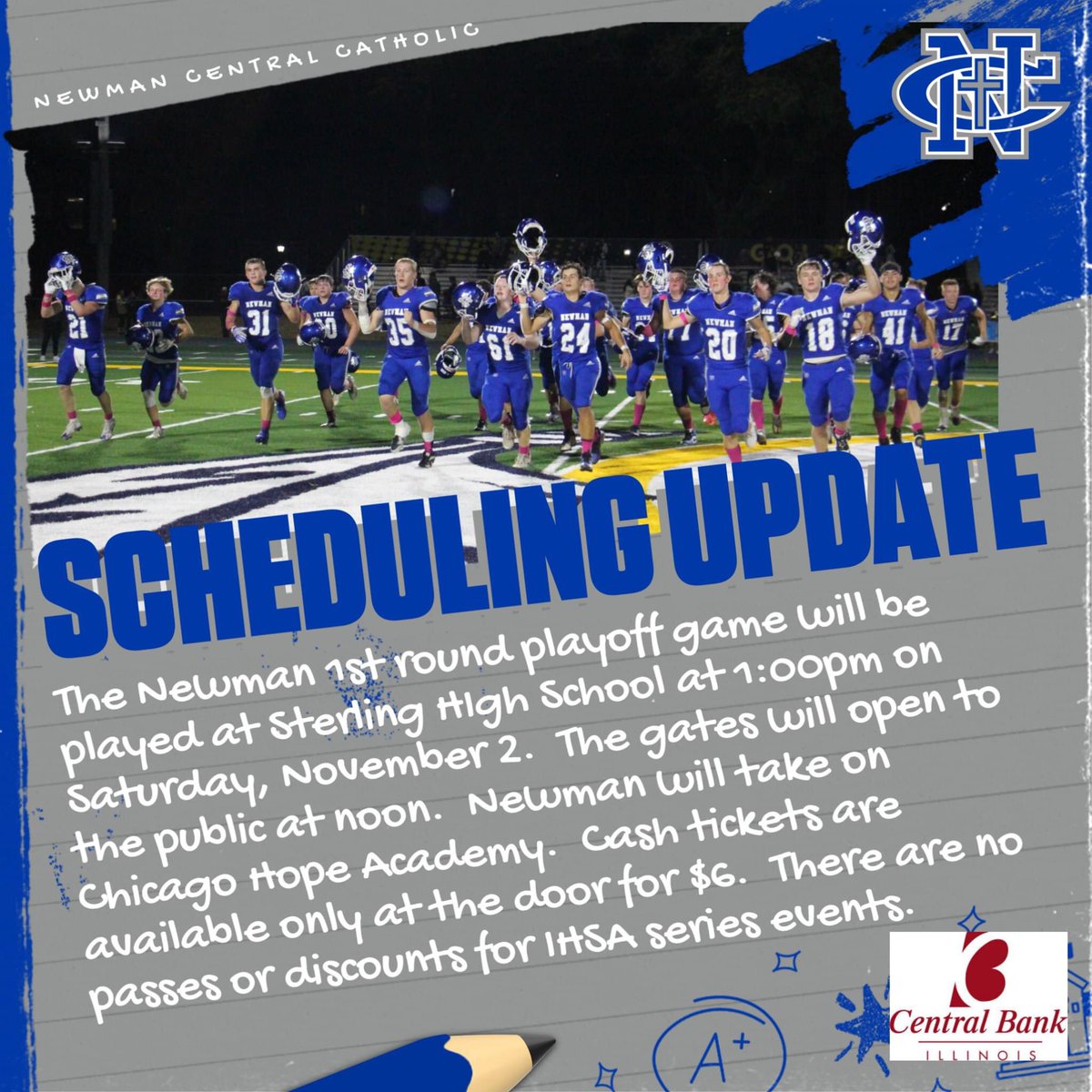 Saturday vs Chicago Hope 
1PM at Sterling High School