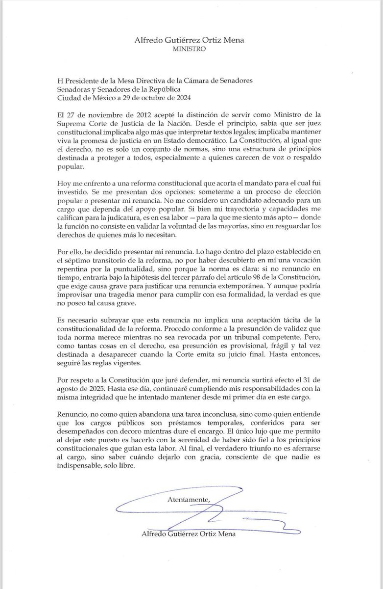CapitalMX_'s tweet image. #Entérate 🚨   Alfredo Gutiérrez Ortiz Mena presenta su renuncia como ministro de la @SCJN y aclara que no es una aceptación tácita de la constitucionalidad de la #ReformaAlPoderJudicia