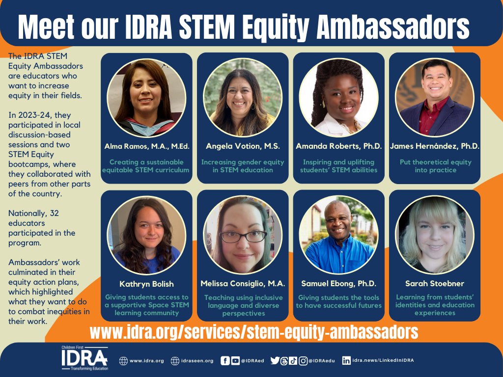 IDRAedu's tweet image. Great news in STEM! The IDRA STEM Equity Ambassadors program is committed to ensuring all students have equal access to STEM opportunities and fostering diverse perspectives.

Check it out! 👉 idra.org/services/stem-…

#STEMEquity #InclusiveEducation #IDRA #FutureInnovators