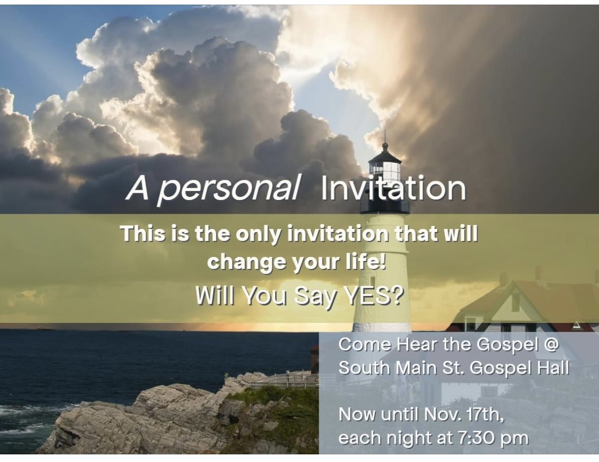 Join us from now until Nov.17th at 7:30 each evening (except Saturdays) in person at the hall or online! 
Zoom link - us04web.zoom.us/j/714232378?pw…
.
.
#jesussaves #jesuslovesyou #GodsPlan #GoodNews