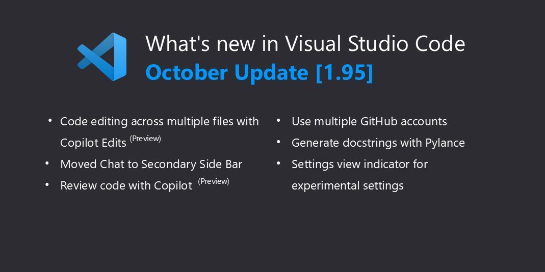 Visual Studio Code (@code) on Twitter photo 🚀 Version 1.95 of <a href="/code/">Visual Studio Code</a> is out now with Copilot Edits (in preview), docstrings with Pylance, multiple GitHub accounts support, and more!
Full release notes: code.visualstudio.com/updates/v1_95
Here are some of the highlights 🧵 🚀 Version 1.95 of <a href="/code/">Visual Studio Code</a> is out now with Copilot Edits (in preview), docstrings with Pylance, multiple GitHub accounts support, and more!
Full release notes: code.visualstudio.com/updates/v1_95
Here are some of the highlights 🧵