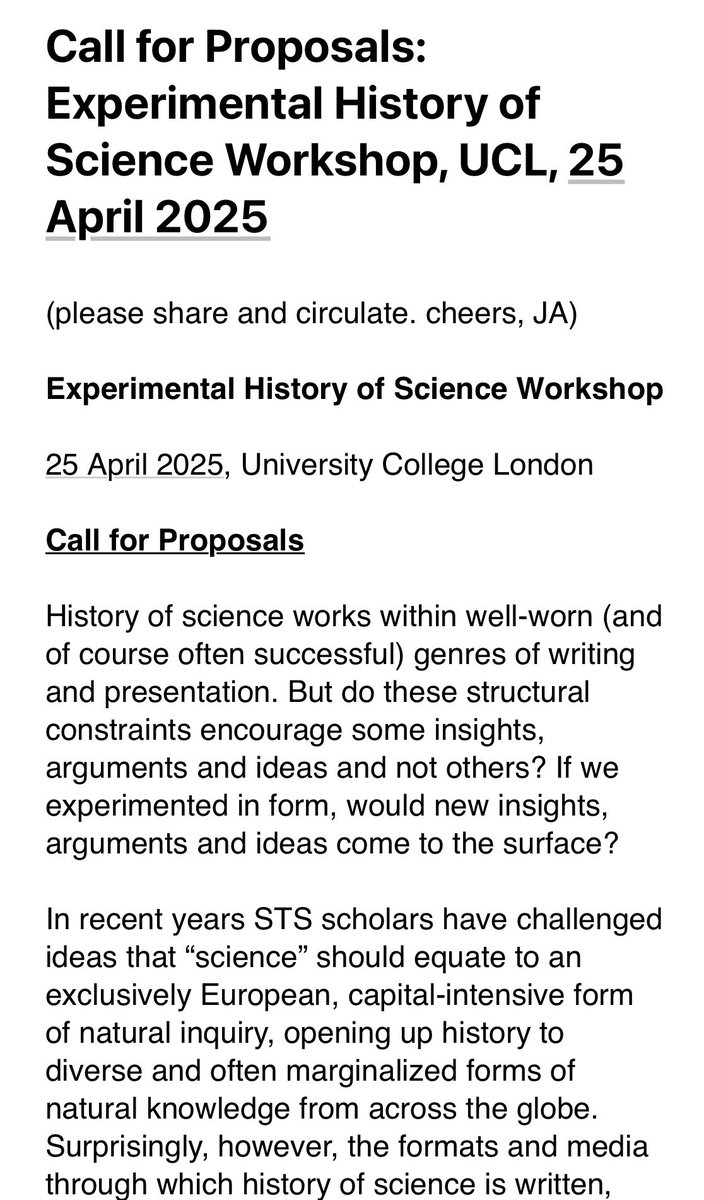 Jon Agar (@jon_agar) on Twitter photo I’m co-organising, with Cathy Lucas and Simon Werrett of <a href="/stsucl/">UCL Science and Technology Studies</a>, an ‘Experimental History of Science Workshop’ to take place in April 2025
Think about entirely new ways of doing #histsci Let your imagination go wild!
Here’s the call for proposals. 1/5 I’m co-organising, with Cathy Lucas and Simon Werrett of <a href="/stsucl/">UCL Science and Technology Studies</a>, an ‘Experimental History of Science Workshop’ to take place in April 2025
Think about entirely new ways of doing #histsci Let your imagination go wild!
Here’s the call for proposals. 1/5