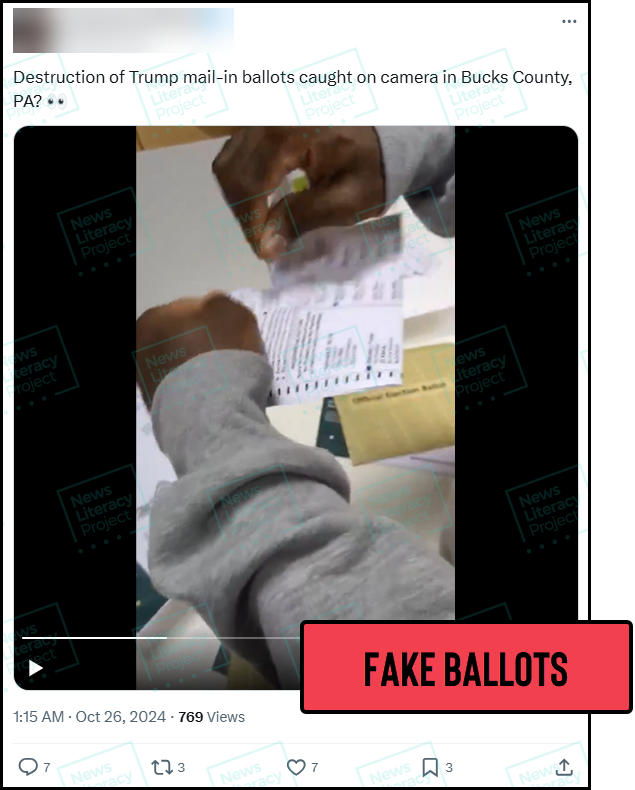 ❌ NO: This does not show someone destroying legit ballots for the election with votes for former President Donald Trump in Bucks County, PA. The county's Board of Elections &amp; Republican Committee confirmed the video is fake &amp; the ballots aren't authentic: bit.ly/FakeBallotsPA