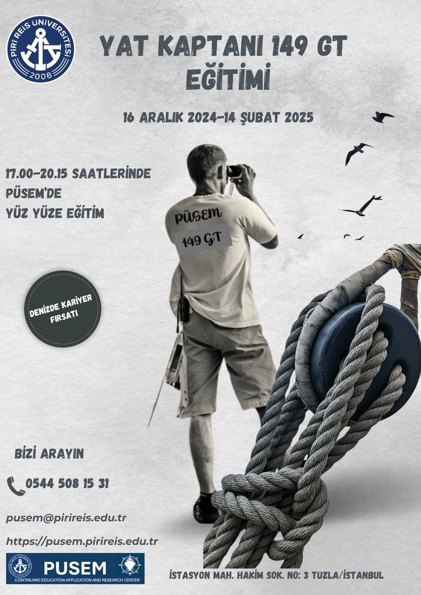Starting on December 16, 2024, PÜSEM will initiate the 5th Group Yacht Master (149 GT) training. 

PÜSEM,16 Aralık 2024 tarihinden itibaren; 5.Grup Yat Kaptanı (149 GT) Eğitimini başlatıyor.
