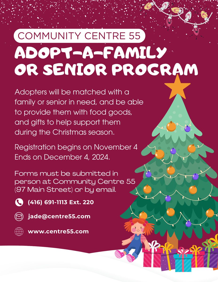 Please help us assist local individuals and families in need this #holidayseanon by adopting a local family or senior in the neighbourhood. This is a wonderful program that illustrates the true essence of what Christmas is all about: giving back!