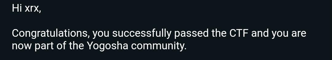 yacynx's tweet photo. Thrilled to announce that I’ve successfully completed the Yogosha CTF and officially joined the @YogoshaOfficial community! 🎉
Grateful for the journey—better late than never!
Thankx to @0xRh1d0Y
#YogoshaCTF #Yogosha #ctf #bugbounty https://t.co/bpzBQQe6gO