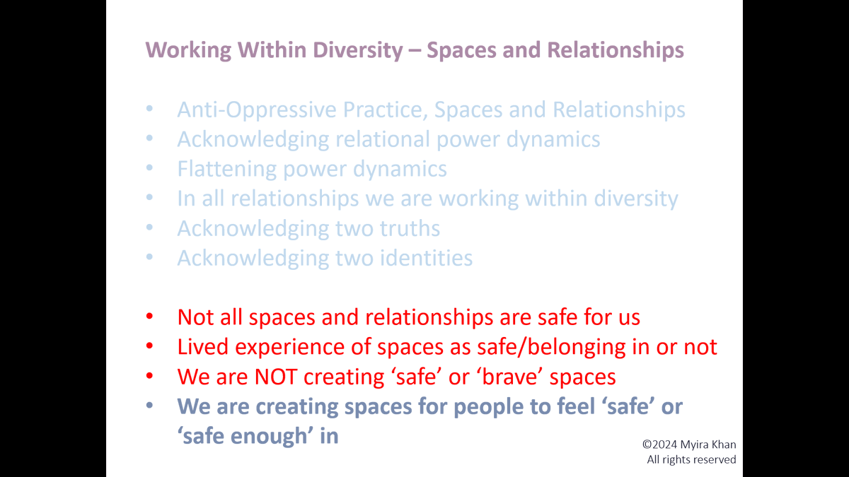 Myira_Khan's tweet photo. We don't 'create' safe spaces.
We create spaces for people to feel safe enough in.

When we say 'create' safe spaces we are insisting it is safe. It is an oppressive (power-over) relational dynamic with our client/supervisee.

#WorkingWithinDiversity #antioppressivepractice https://t.co/GYsGB39c5z