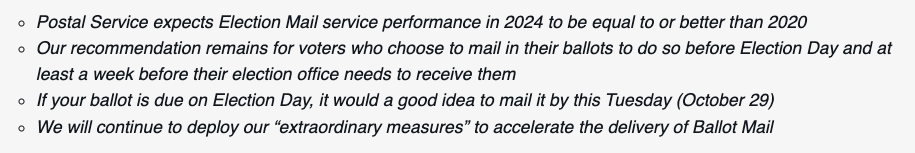 Important from the US Postal Service:

Mailing in your ballot? USPS recommends you put it in the mail **TODAY** if it needs to arrive by Election Day.

More info here: about.usps.com/newsroom/natio…