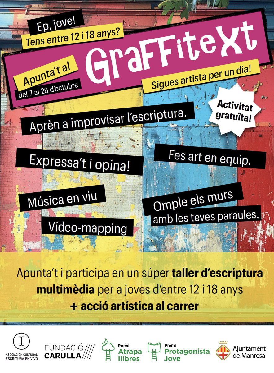 📢 Últimes places per a Graffitext!, taller d'escriptura multimèdia.

Una activitat organitzada per l'IBBYcat en el marc dels Premis, però oberta a tota la comunitat LIJ!

Tota la info + inscripcions 👇👇👇
ibbycat.cat/arriba-graffit…