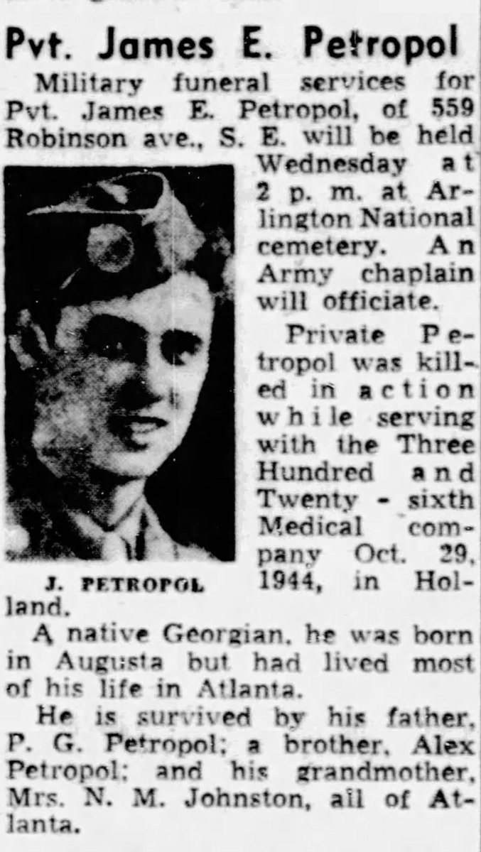 WW2Researcher's tweet image. Private James E. Petropol, of Atlanta, Georgia, and the 326th Airborne Medical Company, was killed in action at Nijmegen, Holland, on October 29, 1944, 80 years ago today. @WW2Researcher @USArmy @natvetsmuseum