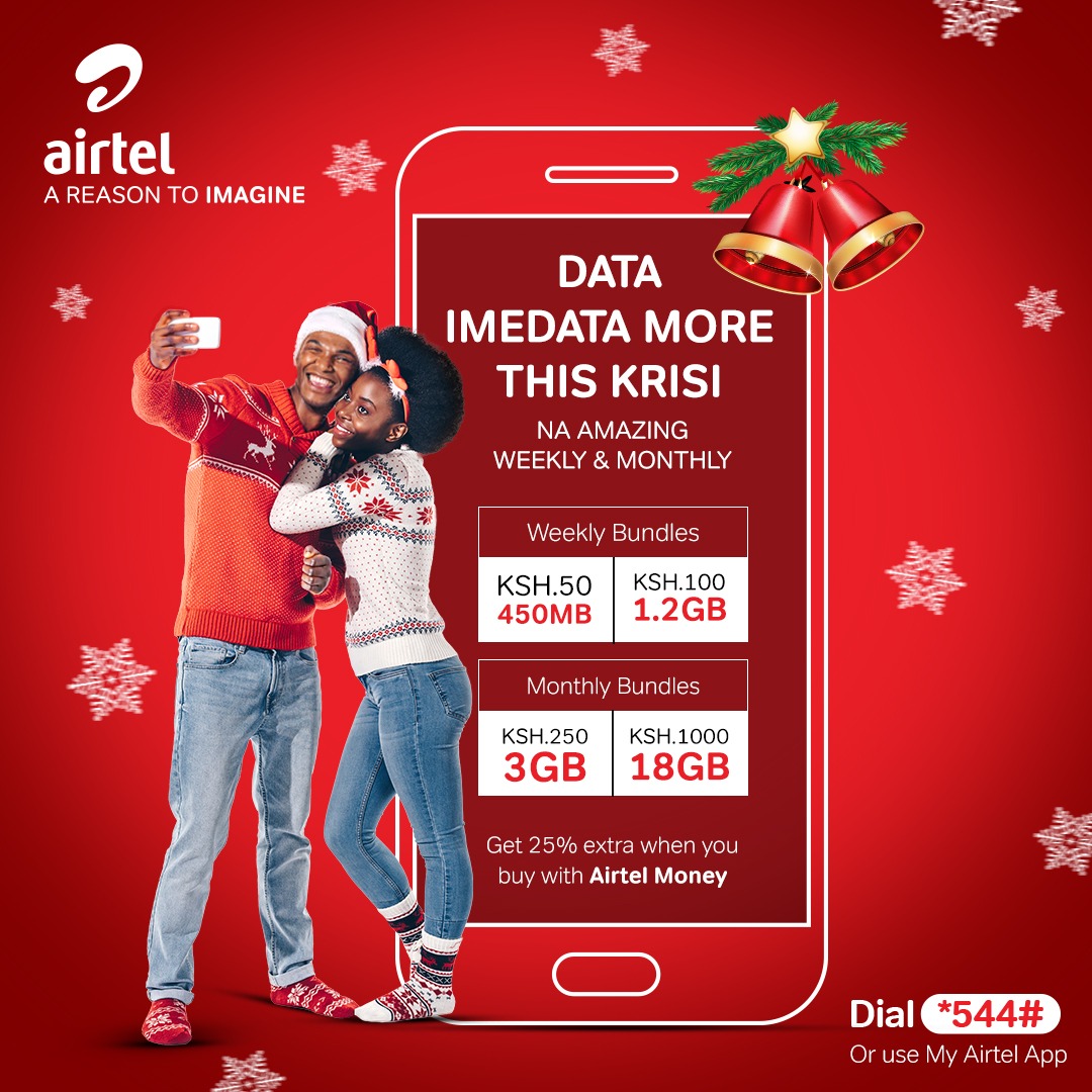 AIRTEL_KE's tweet photo. Data imedata more this Krisi! Enjoy more data with Airtel’s Amazing Weekly and Monthly Data Bundles. Dial *544# or Use My Airtel App https://t.co/i2AH1iWbFk to subscribe.
#AmazingDataBundle
T&amp;Cs apply https://t.co/anABqMzw2M