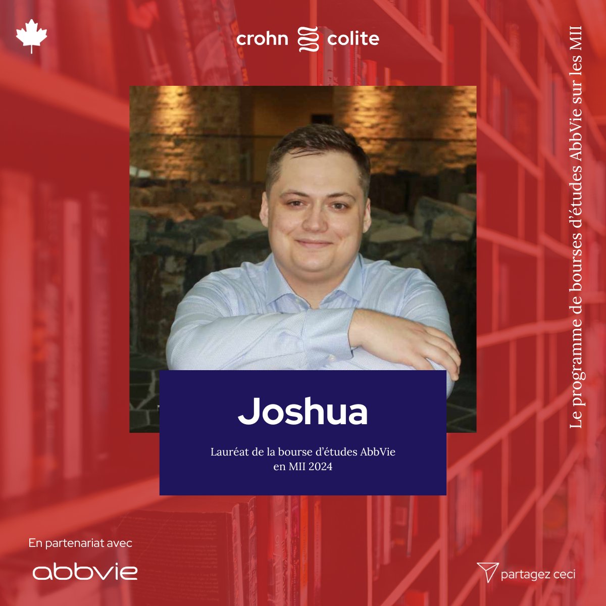 Crohn et Colite Canada (@ayezducran) on Twitter photo Voici Joshua; il vit avec une #colite. Étudiant en sciences politiques, il s’illustre sur le plan académique et dans la communauté #MII et il a reçu une bourse d’études sur les MII <a href="/abbviecanada/">AbbVie Canada</a> 2024.
Apprenez-en plus : bit.ly/beneficiares20… Voici Joshua; il vit avec une #colite. Étudiant en sciences politiques, il s’illustre sur le plan académique et dans la communauté #MII et il a reçu une bourse d’études sur les MII <a href="/abbviecanada/">AbbVie Canada</a> 2024.
Apprenez-en plus : bit.ly/beneficiares20…