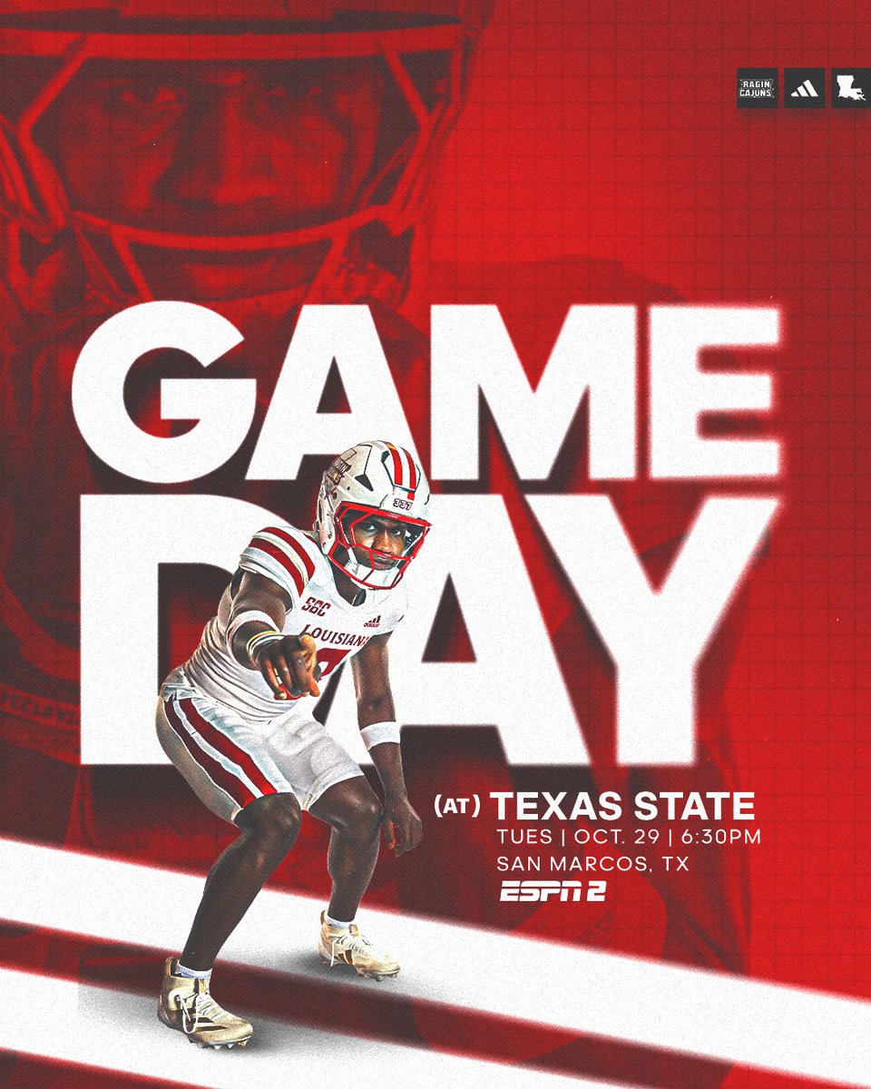 It's 𝗚𝗔𝗠𝗘 𝗗𝗔𝗬 from the Hill Country 

🆚 Texas State
📅 10.29.24
⏰ 6:30 p.m.
🏟️ San Marcos, TX
📺 ragncaj.co/FBWatch1029
📻 ragncaj.co/FBListen1029
📊 ragncaj.co/FBLive1029

#cULture | #GeauxCajuns