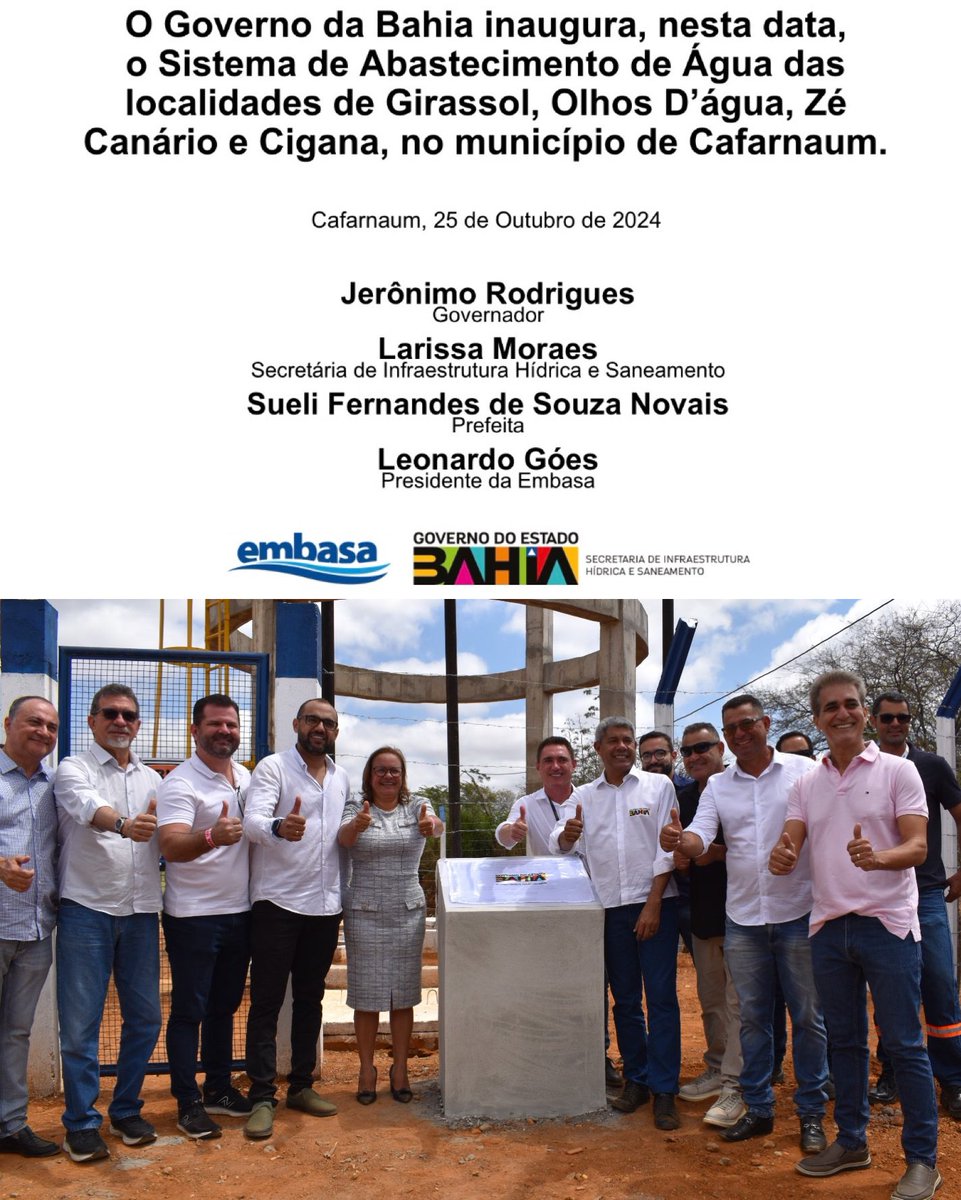LeonardoGoes__'s tweet photo. Na última sexta-feira (25), tive a honra de participar, ao lado do governador @Jeronimoba13, da inauguração do novo sistema de abastecimento de água em #Cafarnaum, que levará água tratada para o distrito de Canal, que passou a receber água do Rio Tijuco, em Mulungu do Morro. https://t.co/mSe2ZauoFW