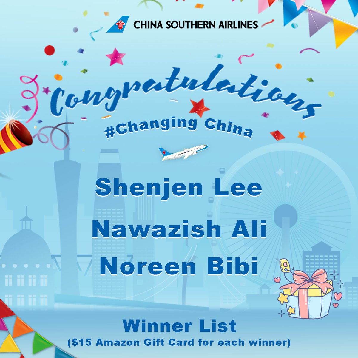 CSAIRGlobal's tweet photo. 🎉 Congratulations to all the winners of the #ChangingChina event! To claim your reward, please email gsme@csair.com with your Sky Pearl Club number and a screenshot of your winning comment.
 
#CSAir #FlyWithCSAir https://t.co/kZ77QojPHW