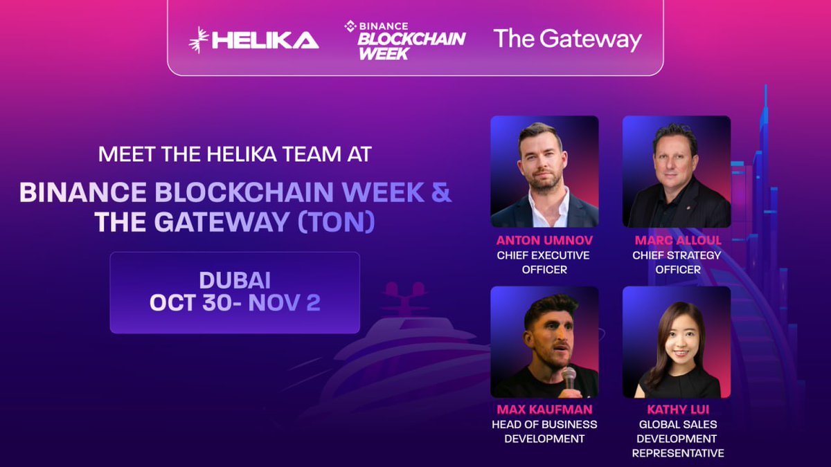Catch up with our Helikans at Binance Blockchain Week and TON Gateway.

Send <a href="/BHelika/">Anton U 🇨🇦 | Founder & CEO at Helika</a>, <a href="/bigdog_max/">Max Kaufman ⚡️</a>, <a href="/MarcAlloul/">Marc Alloul</a>, or <a href="/kathylui23/">Kathy</a> a DM to meet up!

#BinanceBlockchainWeek #TONGateway