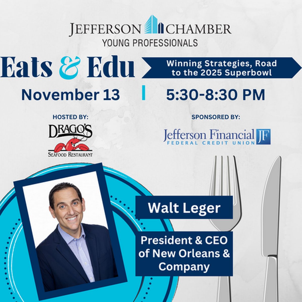 JeffFinancialCU's tweet photo. Attention young professionals! Ready to learn winning strategies from the pros? 🏈 Join Jefferson Chamber YP at Eats &amp; Edu: Road to the 2025 #SuperBowl with Walt Leger, CEO of #NewOrleans &amp; Company!

🗓️ Nov 13 at Drago’s Seafood Restaurant! Tix >> https://t.co/3GDMmE9zEl! https://t.co/HGmS9FcgWO