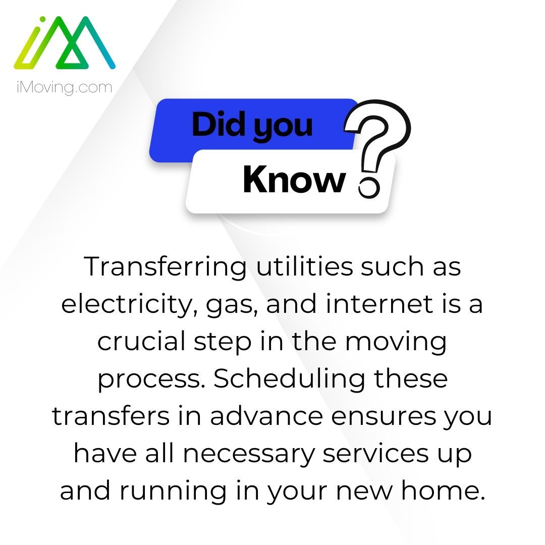 iMoving_Inc's tweet image. Did you know? Transferring utilities like electricity, gas, and internet is key to a smooth move. Schedule these transfers ahead of time to ensure everything is up and running when you arrive at your new home. #MovingTips #UtilityTransfer #NewHomeReady