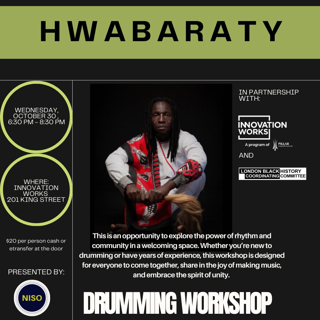 PillarNN's tweet image. Join @hwabaratyy &apos;s Drumming Workshop!  

No experience needed—just bring your energy. Drums provided or bring your own. Let&apos;s create music together!  

Oct 30, 2024, 6:30 PM  |  Innovation Works  | $20  

tinyurl.com/drummingworksh…