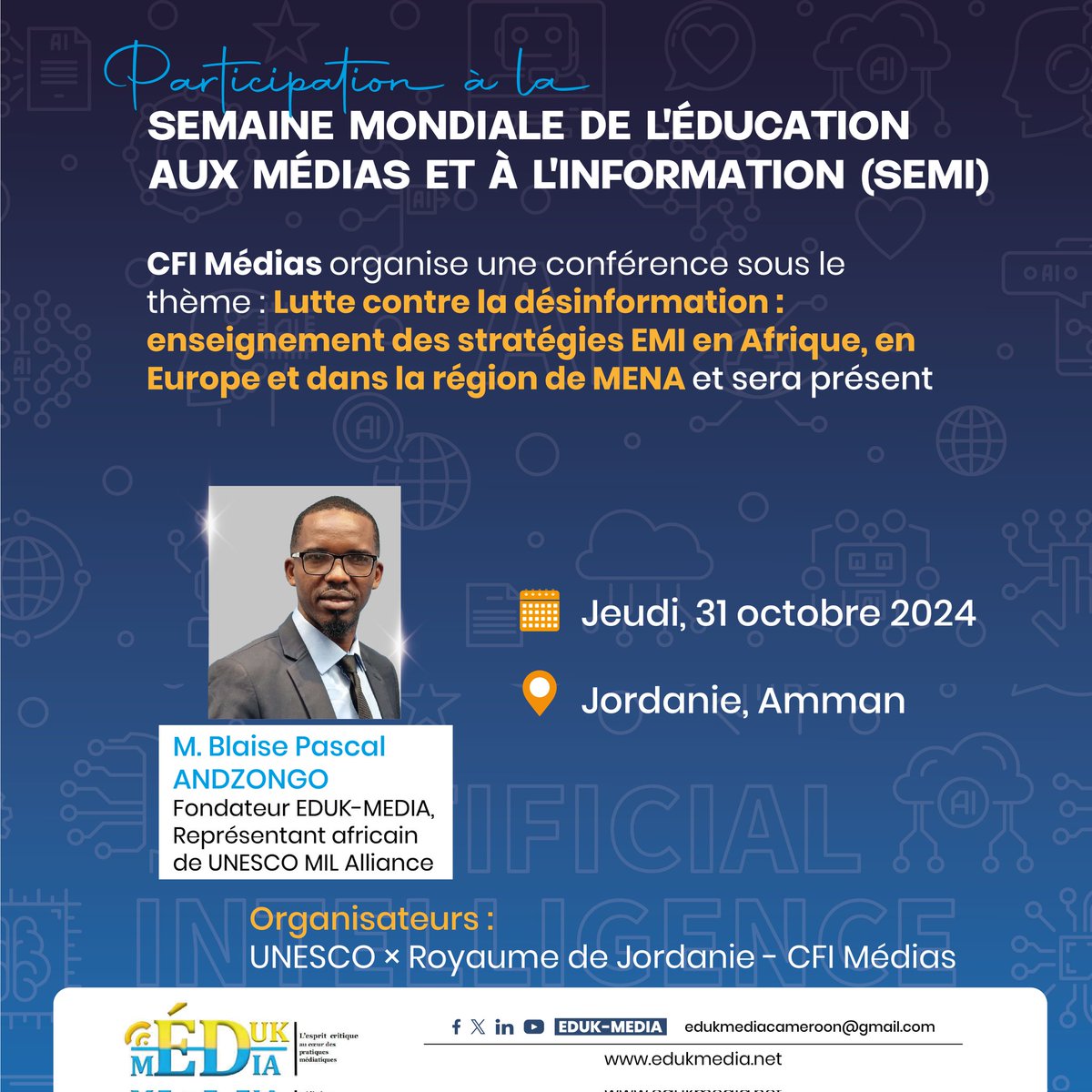 A Amman en #Jordonie depuis ce matin, <a href="/AndzongoBlaise/">Andzongo Blaise Pascal🇨🇲</a> représente <a href="/EdukMedia/">Eduk-Média 🇨🇲</a> pour lors du side event organisé par <a href="/CFImedias/">CFImedias</a> en marge de la Conférence  de la #GlobalMILWeek 2024.