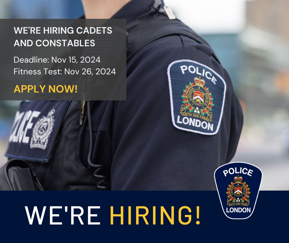 Are you ready to make a difference in your community? The London Police Service is actively seeking dedicated individuals to join our team as Cadets and Constables. 👮 

Our next deadline to apply is November 15, 2024, and if successful, you may be invited to take part in fitness