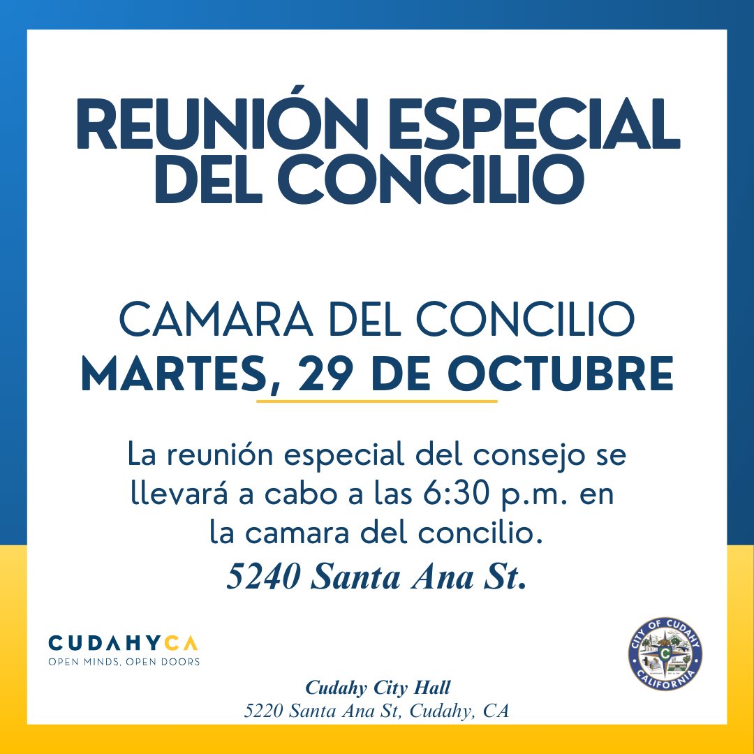 A special council meeting will be held TODAY, October 29th at 6:30 p.m. in Council Chambers.
-
La reunión especial del consejo se llevará a cabo HOY a las 6:30 p.m. en la camara del concilio.