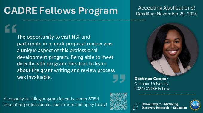 CADREK12's tweet image. Early career #STEMEd scholars in #EPSCoR jurisdictions and rural areas are invited to apply for the 2025 CADRE Fellows Program. The deadline is Nov 29. Learn more and apply at cadrek12.org/about-cadre-fe…. #EdResearch #NSFfunded #NSFSTEM