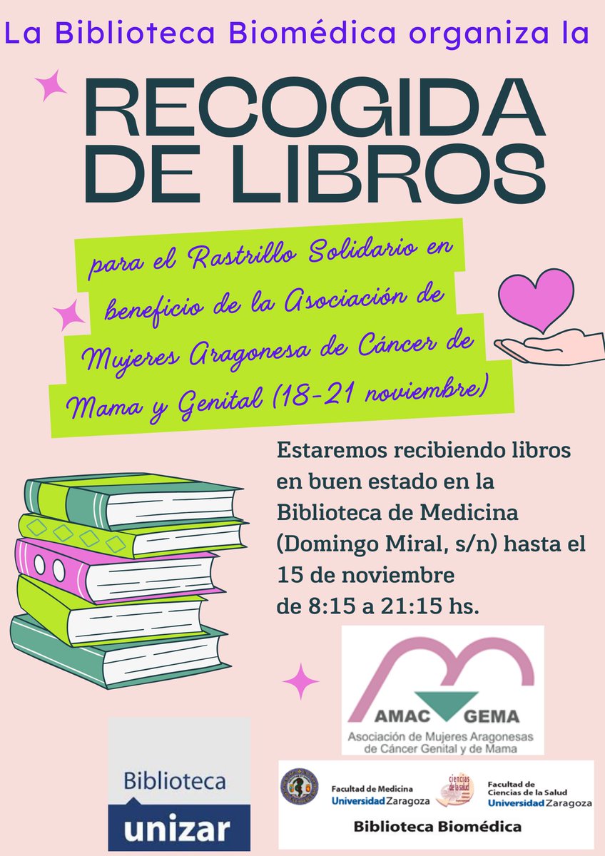 📢📢La Biblioteca Biomédica recoge libros para el mercadillo solidario organizado a beneficio de <a href="/amacgema/">AMAC GEMA</a>  y que se celebrará la semana del 18 al 21/11 en el hall del aulario B de <a href="/MedUnizar/">med_unizar</a>   👏👏
Podéis traer libros para el rastrillo hasta el 15/11