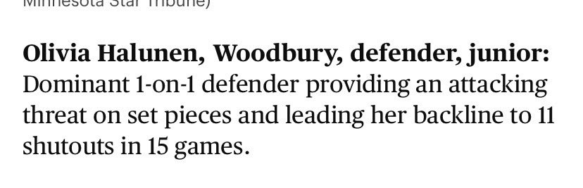 Olivia Halunen (@oliviahalunen) on Twitter photo Thank you Star Tribune for the shout-out!!
<a href="/woodbury_soccer/">woodbury girls soccer</a> <a href="/ImYouthSoccer/">ECNL/GA/Recruiting/College Soccer</a> <a href="/mngirlssoccer/">MN Girls Soccer</a> <a href="/TheSoccerWire/">SoccerWire</a> <a href="/TopDrawerSoccer/">TopDrawerSoccer</a> <a href="/PrepSoccer/">Prep Soccer ⚽️</a>
startribune.com/meet-the-2024-… Thank you Star Tribune for the shout-out!!
<a href="/woodbury_soccer/">woodbury girls soccer</a> <a href="/ImYouthSoccer/">ECNL/GA/Recruiting/College Soccer</a> <a href="/mngirlssoccer/">MN Girls Soccer</a> <a href="/TheSoccerWire/">SoccerWire</a> <a href="/TopDrawerSoccer/">TopDrawerSoccer</a> <a href="/PrepSoccer/">Prep Soccer ⚽️</a>
startribune.com/meet-the-2024-…