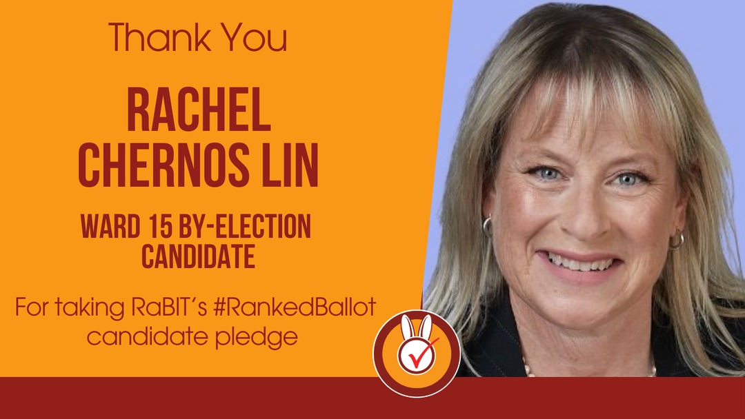 TorontoRaBIT's tweet photo. Thank you, @rchernoslin, for taking the RaBIT pledge! Thanks for committing to support bringing #RankedBallots to Toronto's municipal elections, and for committing to making Toronto's elections better, together.
#DonValleyWest #Ward15 #TOPoli #TorontoByElection https://t.co/fbh7sEbCAI