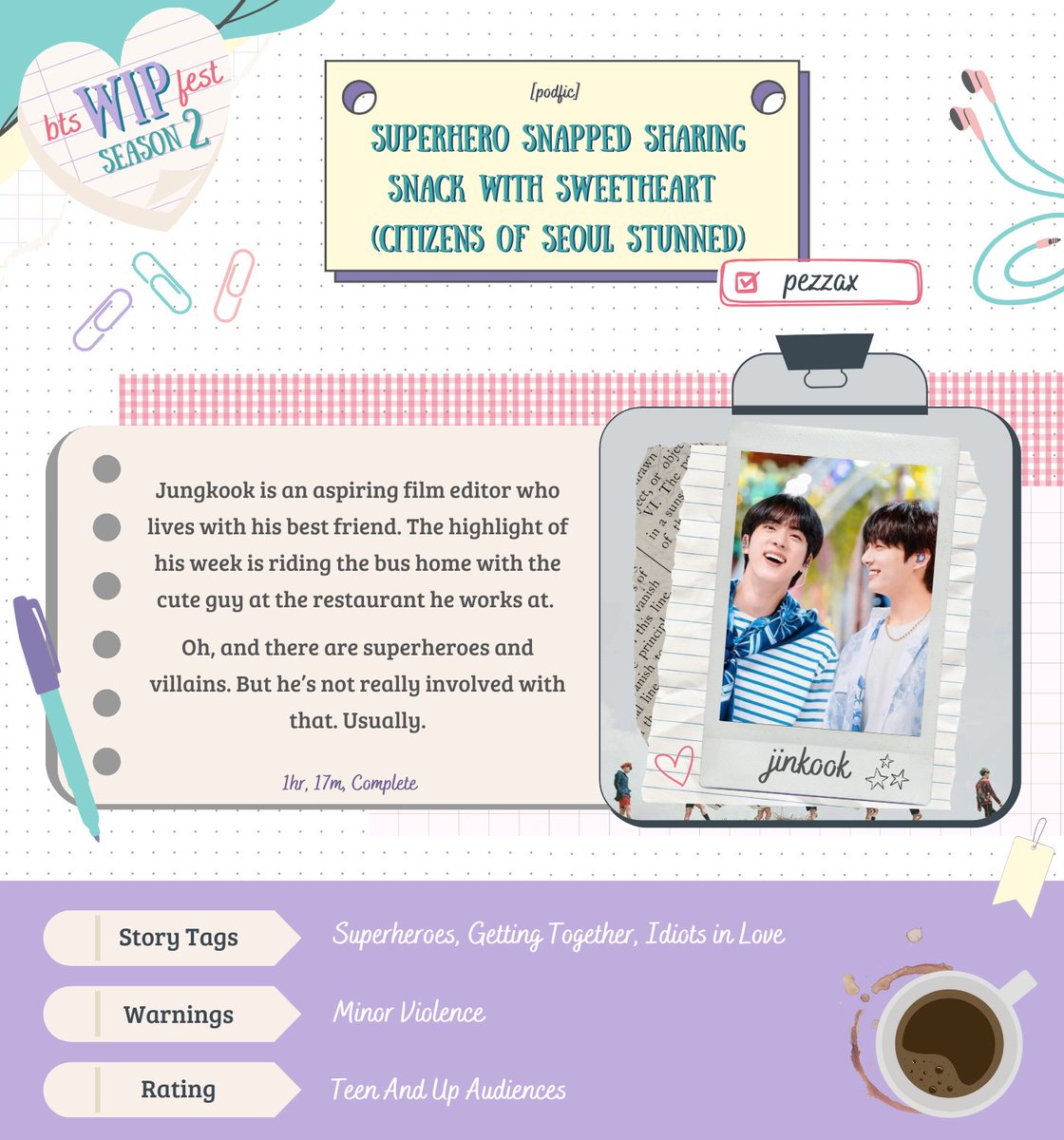 [podfic] SUPERHERO SNAPPED SHARING SNACK WITH SWEETHEART (CITIZENS OF SEOUL STUNNED)

by <a href="/SMadd9/">p.e.z.z.a.x</a> | pezzax@tumblr
AO3: pezzax

#jinkook
🦸 Teen And Up Audiences
🦸 Complete
🦸 Superheroes, Getting Together, Idiots in Love
⚠️ Minor Violence

📒 archiveofourown.org/works/59123881

#BTSWipFest