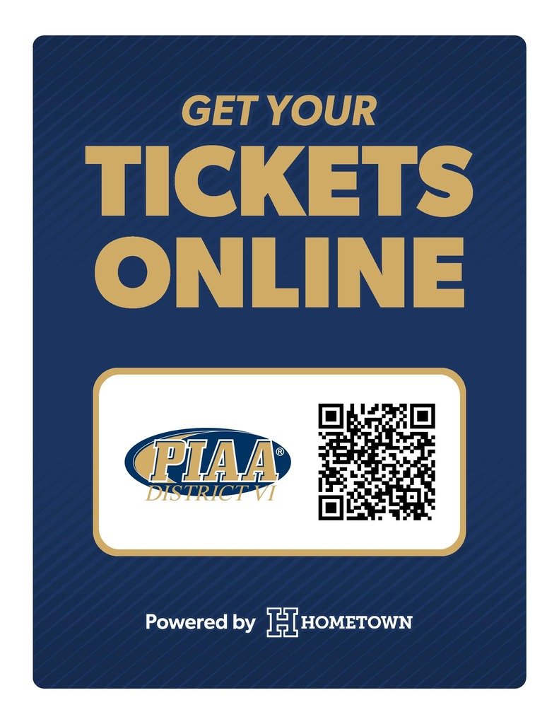 This Friday night Moshannon Valley hosts Penns Manor at 7:00 PM in the first round of the District 6 Play-offs. All tickets must be pre-purchased through the PIAA. Use the QR code or  visit PIAAD6.org to purchase tickets.