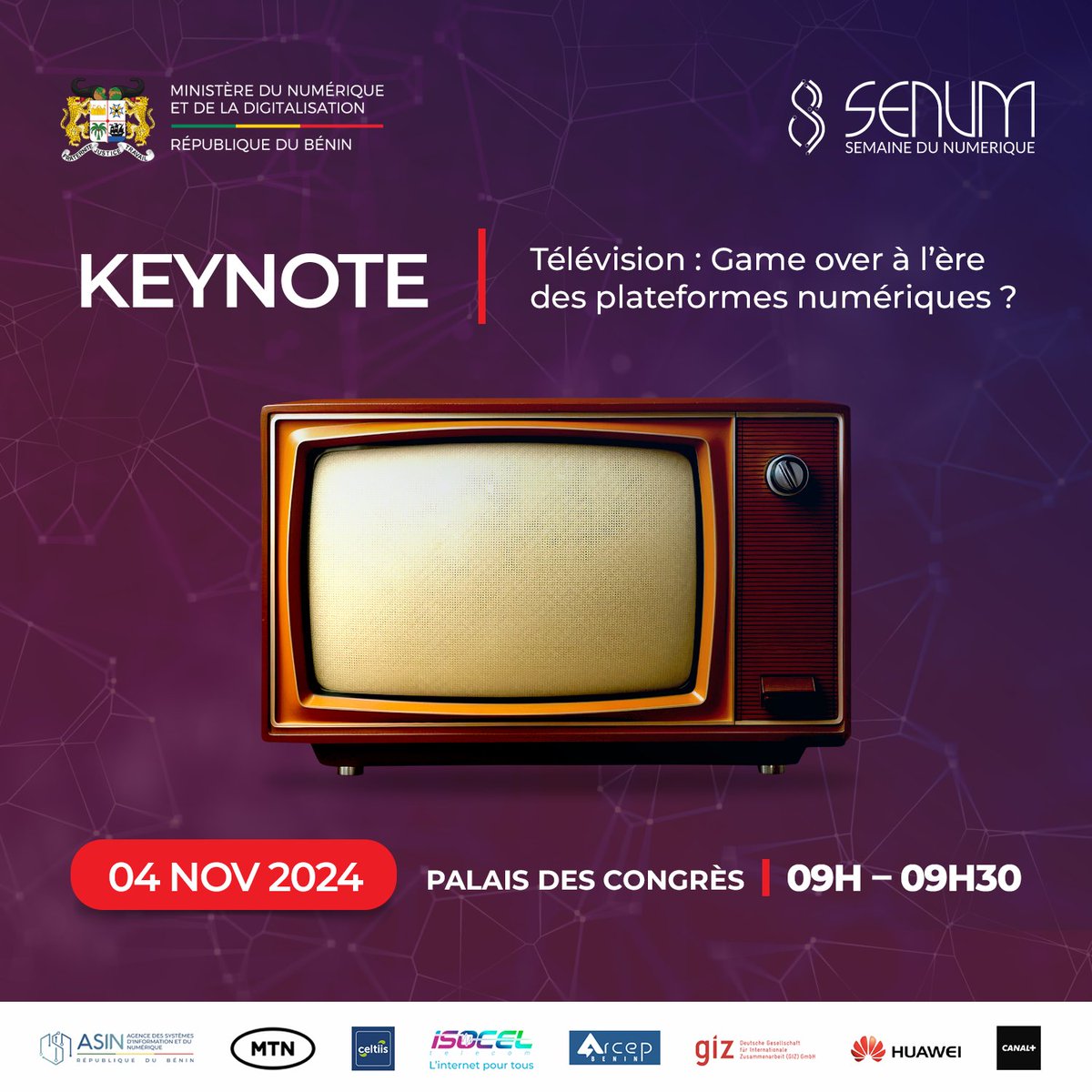 🌐Les plateformes numériques bouleversent nos habitudes et redéfinissent l’avenir de l’audiovisuel. 

Est-ce la fin de la télévision traditionnelle ? 📉

👉 Participez à la discussion lors de la #SENUM2024 
 👉Infos et Inscriptions : semainedunumerique.bj
#BeninNumérique