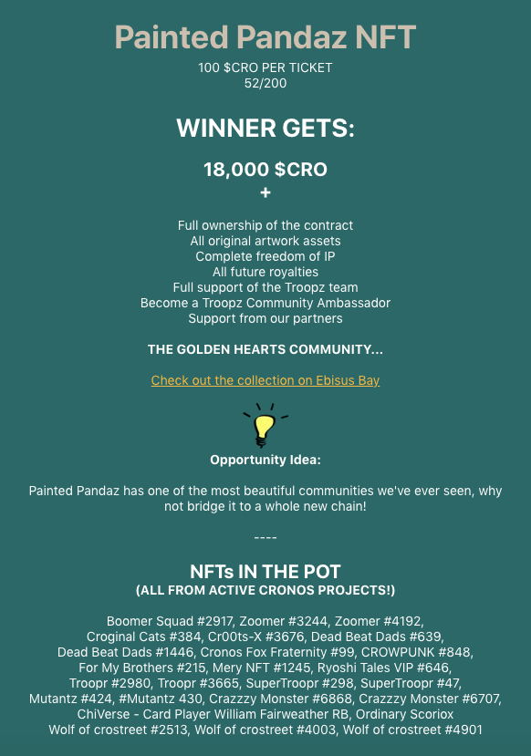 🚨 TROOP LOOT UPDATE! 🚨

OH SH*T!! 

Looks like the Pandaz loot came under attack by those nasty ApeX predators!!

50 BOXES WERE DESTROYED IN CHAOS!!!

Only 53 boxes remain!!!

Grab the remaining and secure your chance of winning 18,000 $CRO

trooprz.army/troop-loot

#crofam