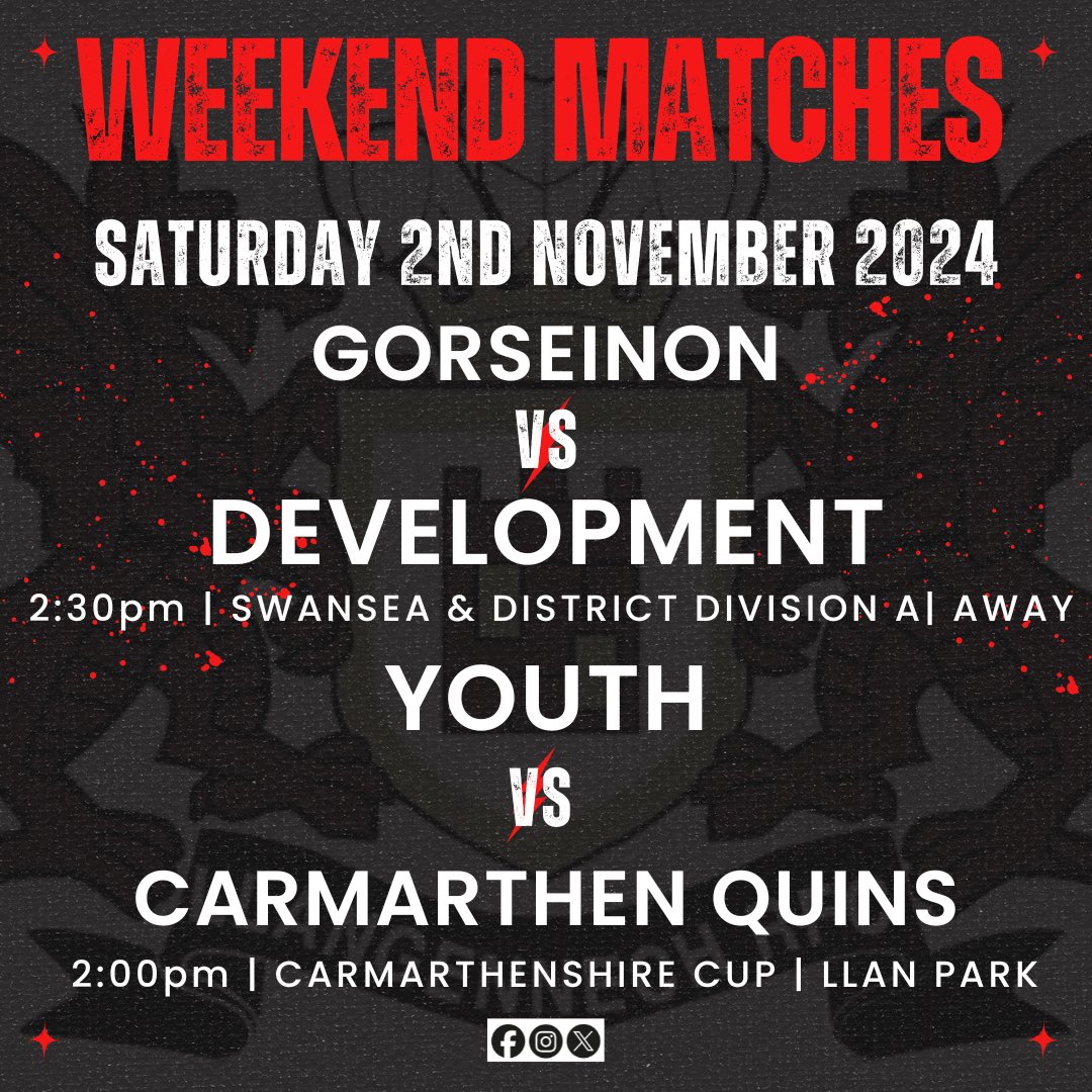 🏉WEEKEND FIXTURES🏉 

As well as our First team hosting Merthyr this Saturday, our Development head to <a href="/GorseinonRFC/">Gorseinon RFC 🔴⚪️</a> in a leaguematch &amp; our Youth welcome <a href="/QuinsYouth/">CarmarthenQuinsYouth RFC</a> in a cup clash!
#BoisYLlan

⚫️🔴⚪️
