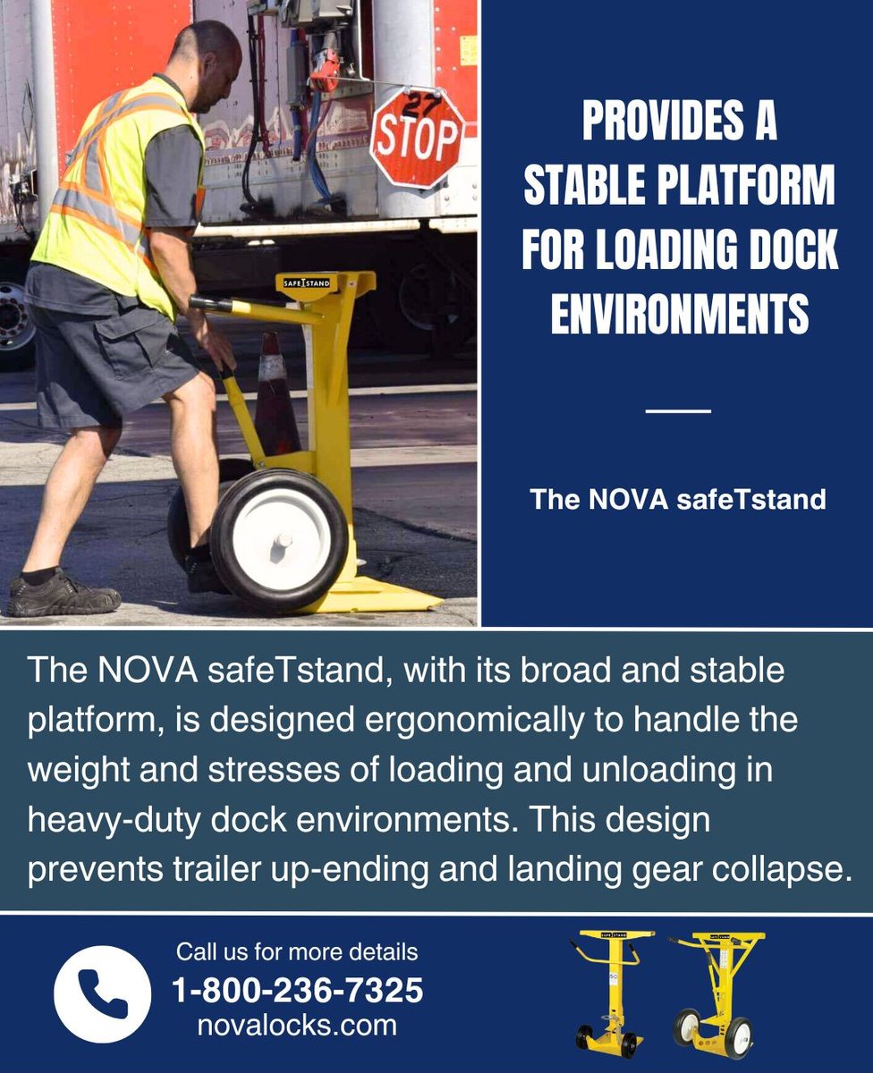 novalocks_usa's tweet photo. Easy-to-deploy with a self-leveling gas-shock system and large all-terrain wheels, NOVA’s safeTstand instantly creates a stronger and safer loading dock environment.
https://t.co/e2O8Axhmny
#safeTstand #LoadingDockAccessories #LoadingDockSafety #SafetyStand #TrailerStand https://t.co/ggNw6CHcuh