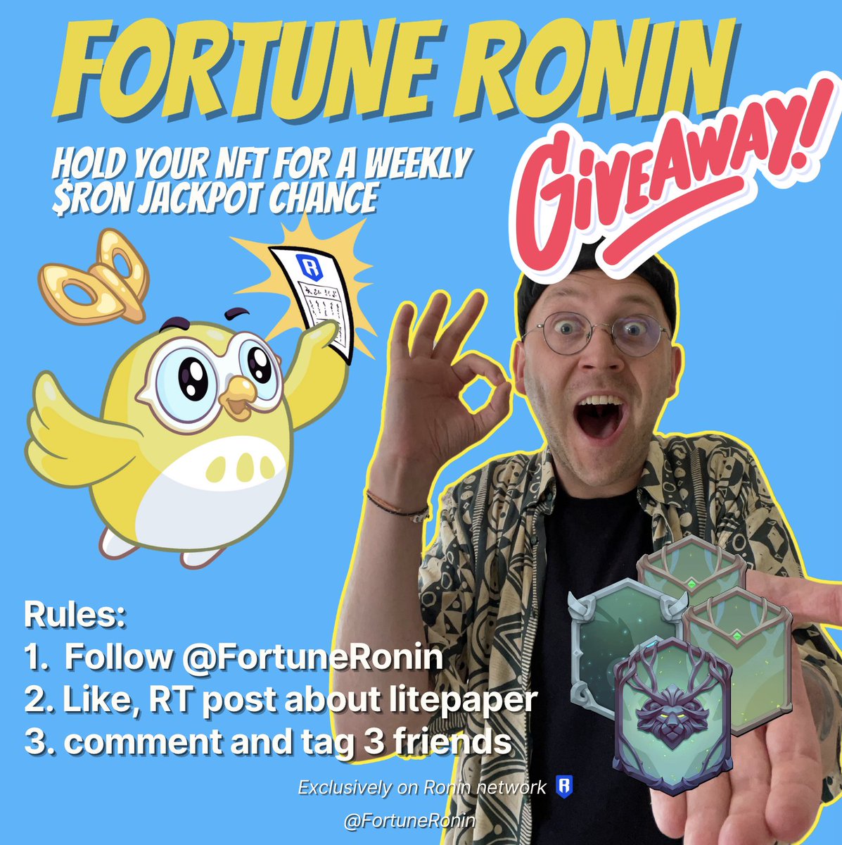 Dabudda17's tweet photo. 🎉 𝗚𝗜𝗩𝗘𝗔𝗪𝗔𝗬 𝗧𝗜𝗠𝗘! 🎉

I’m excited to announce a special giveaway for our new community collection @FortuneRonin  ! Here’s your chance to win some amazing rewards 🎁✨

𝐏𝐫𝐢𝐳𝐞𝐬 from @playwildforest:
🥇 1 Standard Pack 
🥈 1 Basic Pack  
🥉 3 Tiny Packs  

𝗛𝗼𝘄 𝘁𝗼 𝗘𝗻𝘁𝗲𝗿:
1. 𝗙𝗼𝗹𝗹𝗼𝘄 @FortuneRonin 
2. 𝗟𝗶𝗸𝗲 & 𝗥𝗧 the pinned post about the litepaper  
3. 𝗖𝗼𝗺𝗺𝗲𝗻𝘁 and tag 3 friends who need to see this!  

📅 𝗘𝗻𝗱𝘀 𝗶𝗻 𝟳𝟮 𝗵𝗼𝘂𝗿𝘀! Winners will be randomly selected and announced here. Good luck! 🍀
