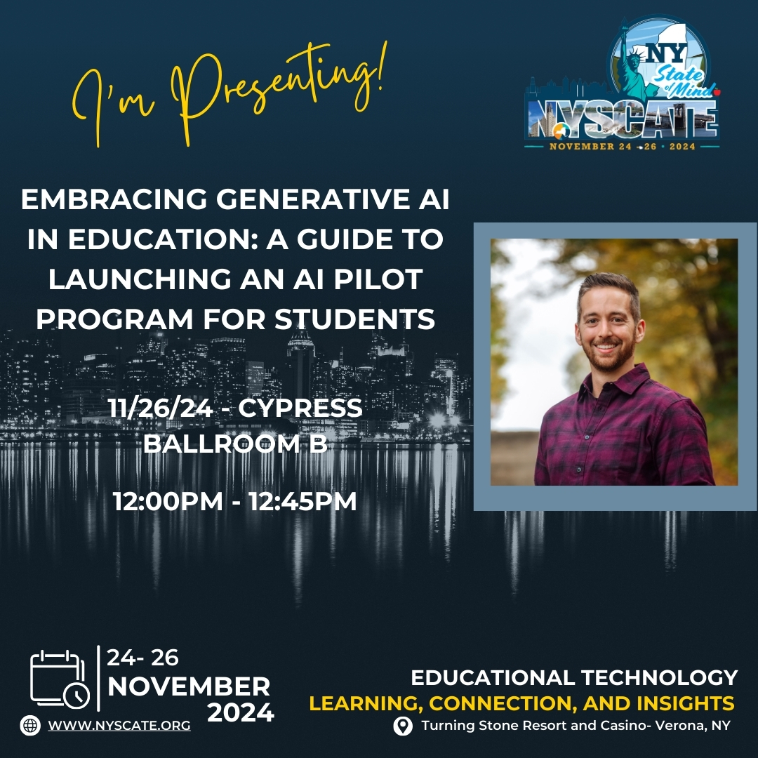 MrVerspoor's tweet image. Come learn about the first AI Pilot Program in NYS! #NYSCATE24 #EdLaw2D 

(Former students who like or share this post will get 10 points retroactively added to any test of their choosing)
