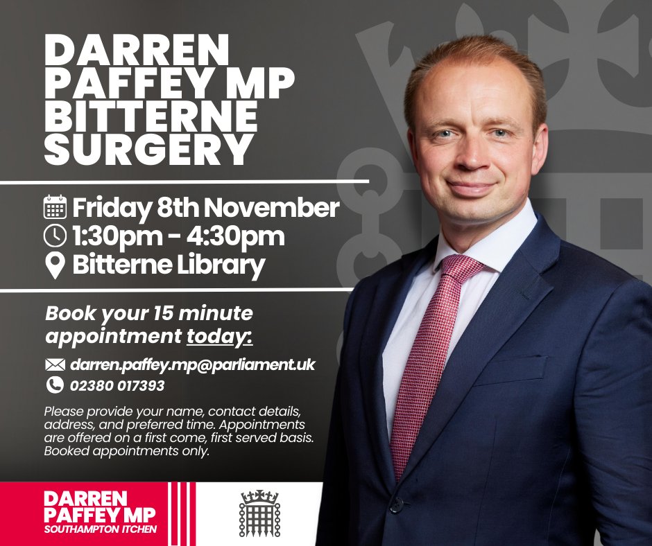 darrenpaffey's tweet photo. 🤝Meet your MP in Bitterne Library on Friday!
Please get in touch to book your appointment today 👇 https://t.co/pgb2mh6s7O