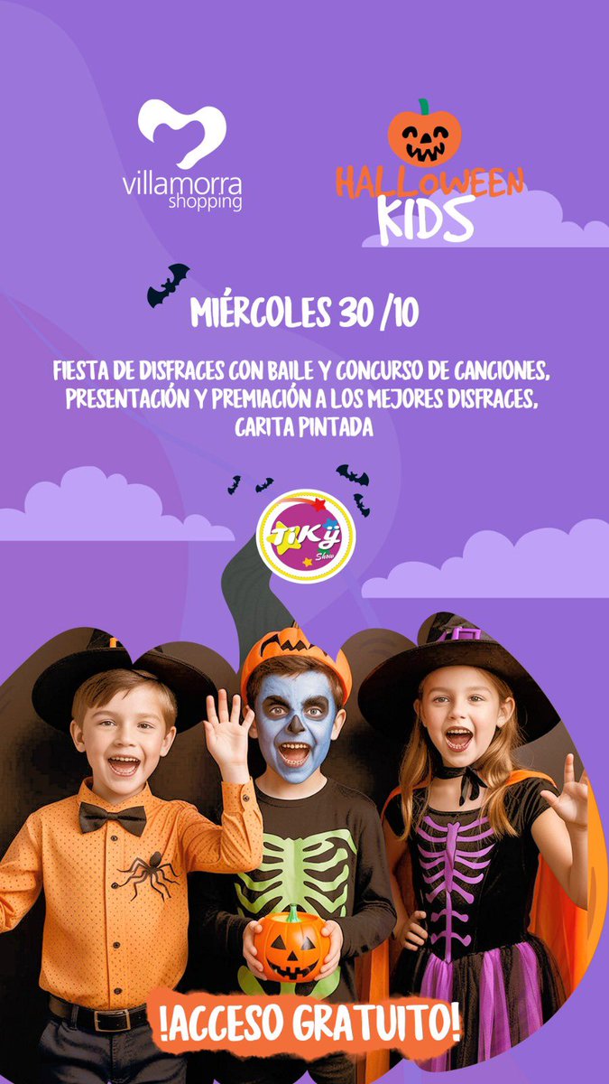¡Te esperamos en el Halloween Kids del VMS! 🎃🧛🏼‍♀️
Una tarde llena de sorpresas, risas y travesuras👻

¡Premios para los disfraces más creativos! 🎃

Acceso gratuito, sin inscripción previa

🎭 Miércoles 30
👉🏻 18:30 horas. Patio de Comidas🧟‍♀️