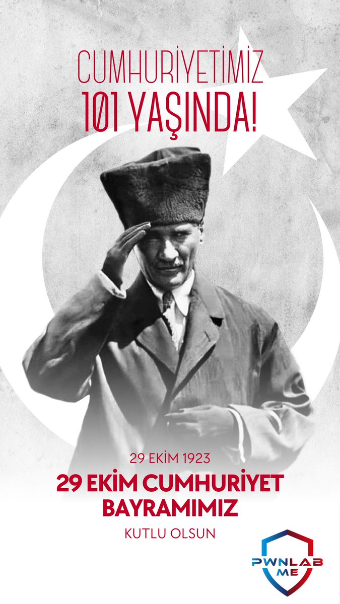PwnlabMe's tweet photo. Cumhuriyetimiz 101 yaşında!
Başta Ulu Önderimiz Gazi Mustafa Kemal Atatürk olmak üzere tüm milli mücadele kahramanlarımıza şükranlarımızı ve minnetimizi sunuyoruz, nice Cumhuriyetli yıllarımıza!
#pwnlabme #Cumhuriyetin101Yılı #29EkimCumhiyetBayramımız https://t.co/WCb0NiiTLZ