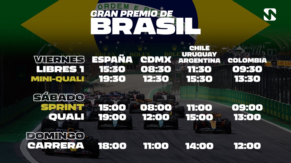 🏁 H O R A R I O S 🏁

Saquen el traje: llega una de las mejores carreras del año. La Fórmula 1 visita el mítico Interlagos con el Gran Premio de Sao Paulo 🇧🇷.

⚠️ Fin de semana F1 Sprint... y ojo, un clásico: previsión de LLUVIA.

Comparte los horarios, salva una vida.
