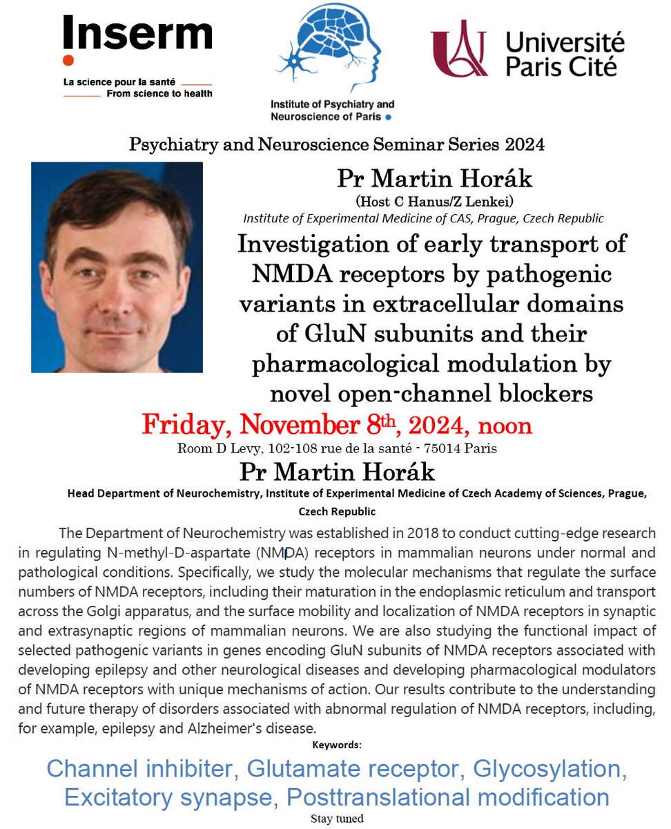 Inserm Paris 5 Ipnp (@insermu1266) on Twitter photo Interested in NMDA receptors, their transport and regulation ? Join us for the IPNP seminar, given by Prof M Horák, Head Department of Neurochemistry, Czech Academy of Sciences, Prague, on Nov 8th 2024 at noon <a href="/Insermu1266/">Inserm Paris 5 Ipnp</a> <a href="/GhuParis/">GHU Paris Psy-Neuro</a> <a href="/InsermIDF/">Inserm Île-de-France</a> #nmdar #glutamatesignaling Interested in NMDA receptors, their transport and regulation ? Join us for the IPNP seminar, given by Prof M Horák, Head Department of Neurochemistry, Czech Academy of Sciences, Prague, on Nov 8th 2024 at noon <a href="/Insermu1266/">Inserm Paris 5 Ipnp</a> <a href="/GhuParis/">GHU Paris Psy-Neuro</a> <a href="/InsermIDF/">Inserm Île-de-France</a> #nmdar #glutamatesignaling