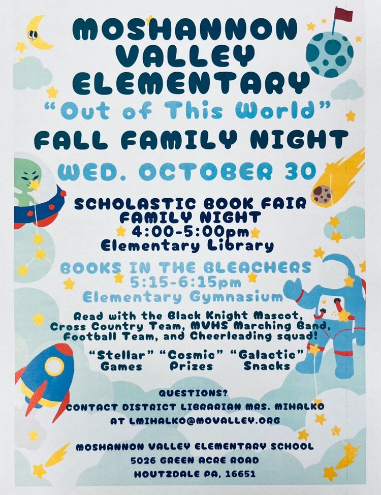 You won't want to miss our "Out of This World" Family Night WEDNESDAY, OCT. 30! The Scholastic Book Fair will be 4-5pm and "Books in the Bleachers" begins at 5:15pm. Special guests! Cosmic Prizes! Stellar stations! 🚀👨‍🚀🪐🔭☄️🌟