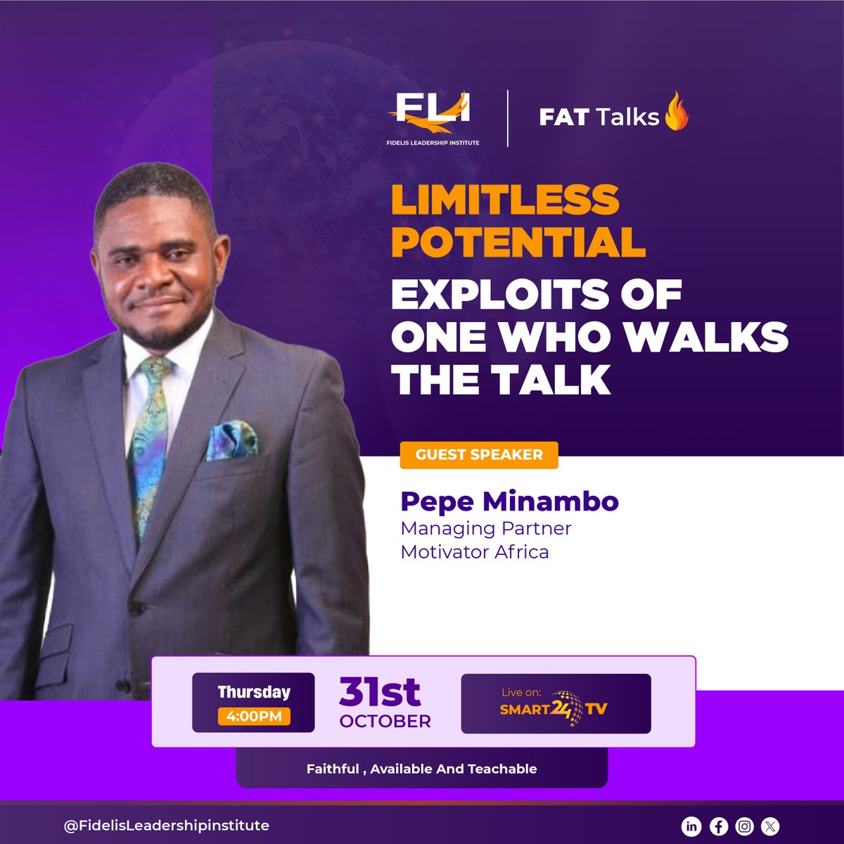 FidelisLeaders's tweet image. &quot;Your potential is limitless when you decide to walk the talk.&quot; - @pepejoeminambo 

Join us this Thursday for an  #FATTalks session on &quot;Limitless Potential: Exploits of One Who Walks the Talk&quot; with @pepejoeminambo , Managing Partner at @motivatehubug .

📅 Date: 31st October  
⏰…